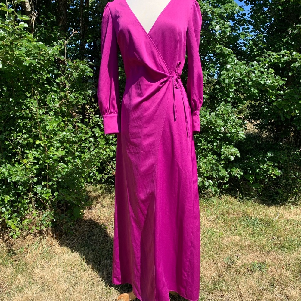 Elegant Satin Raspberry Wrap Maxi Dress